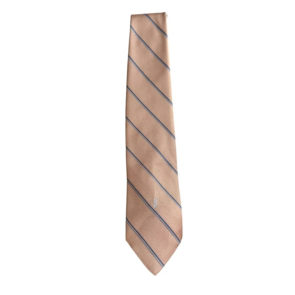 Yves Saint Laurent YSL Mens Vintage Silk Tie Tan Blue Striped Designer Necktie